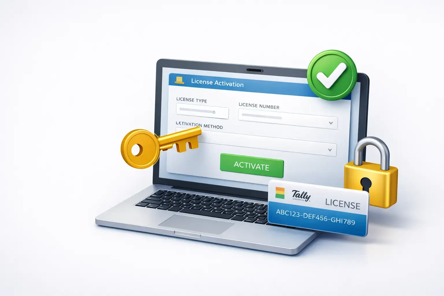 3D illustration of genuine Tally software licence for businesses showing secure activation and authorized usage