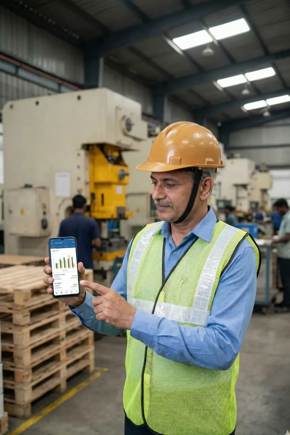 Live keeping of Factory manager checking inventory and GST summary on smartphone