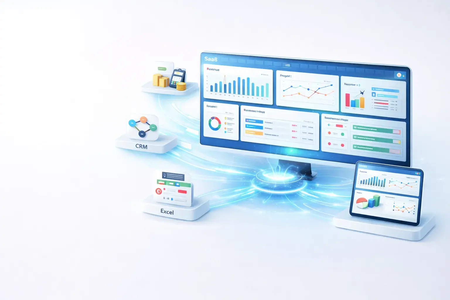 Accounting is in Tally. Sales is in CRM. Website orders are on Shopify or Amazon. Marketing numbers are in Google Ads and Facebook Ads. And final reports are being generated in Excel sheets.