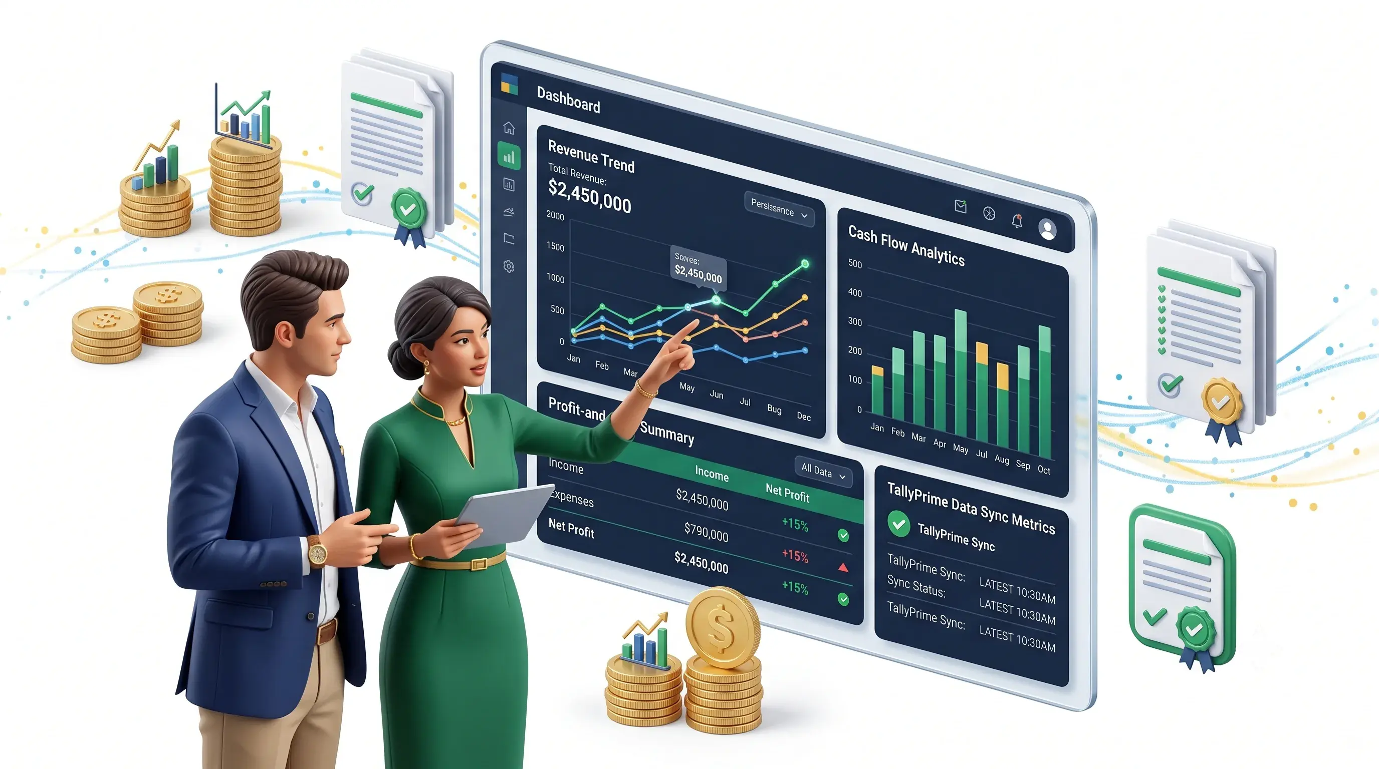 Business owner and accounts team reviewing a genuine dashboard interface.