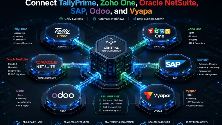 Enterprise ERP Integration Solutions: Connect TallyPrime, Zoho One, Oracle NetSuite,SAP, Odoo, and Vyapa